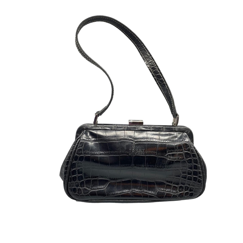 Vintage Y2K Tommy Hilfiger Black Croc Embossed Faux Leather Frame Shoulder Bag‎